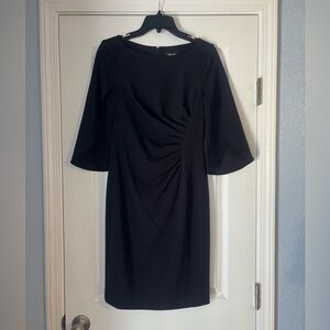 NEW DKNY Side Ruche Sheath Dress Tulip Sleeve Midi Back Zip Black Sz 4